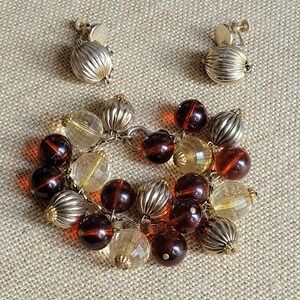 Vtg 50s bauble bracelet screwback earrings set tortoiseshell lucite gold balls